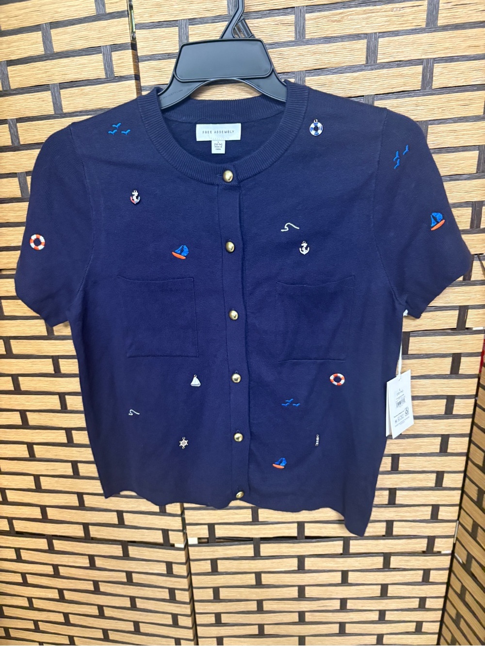 Free assembly navy nautical short sleeve cardigan size large